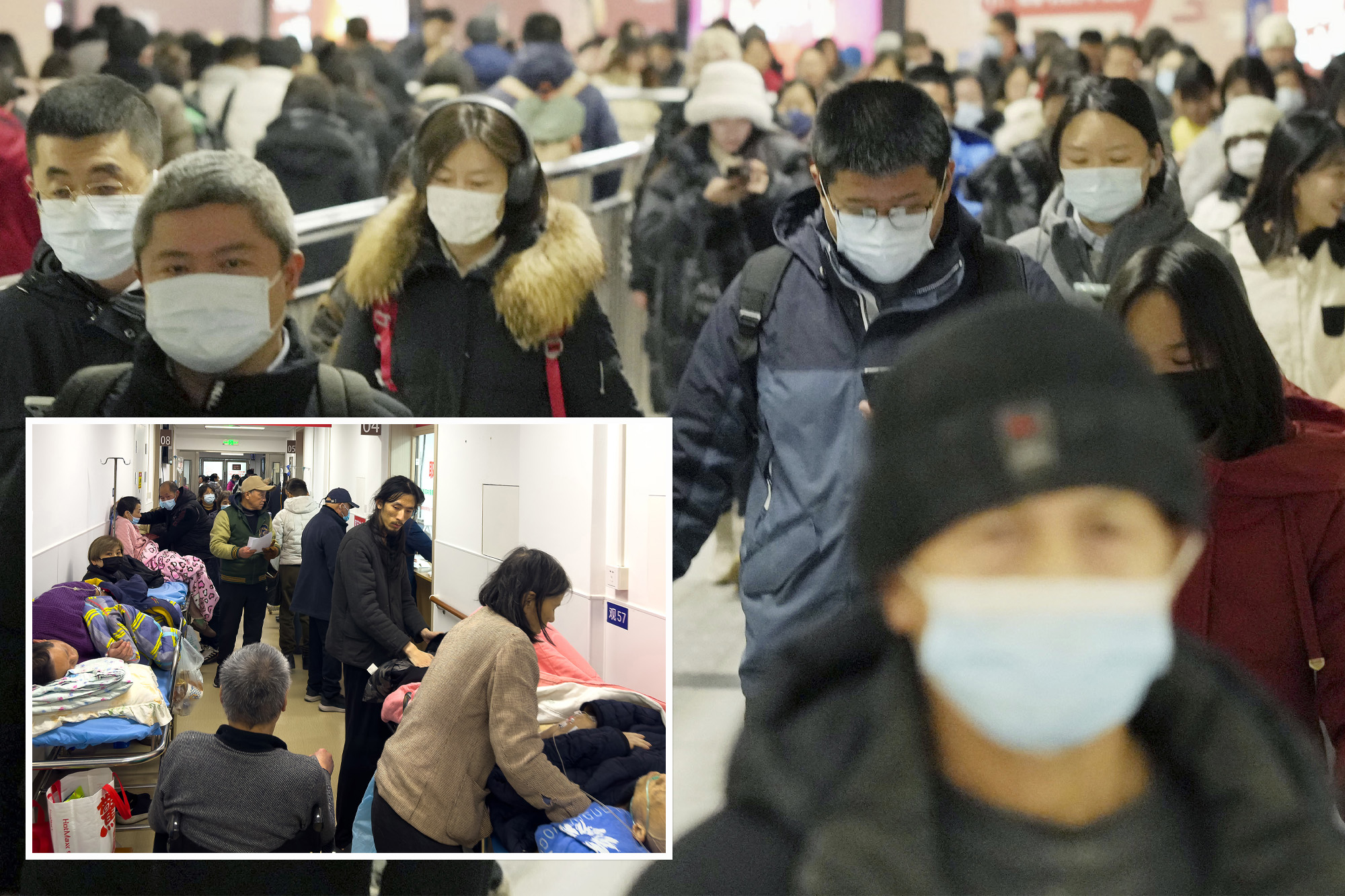 A group of people including Jim Piddock, Gerard Salonga, Sean Lien, Lothaire Bluteau, Tetsuhiko Asai, Zhao Ziyang, Alex Tse, Huang Xu, Teddy Williams, wearing face masks while CDC monitors HMPV spike in China.