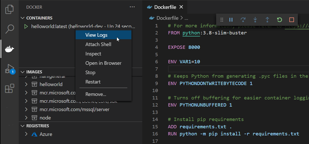 Viewing the logs of a container