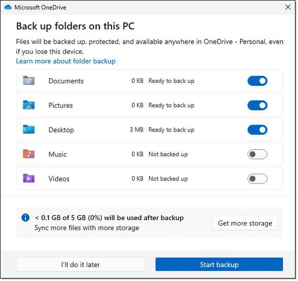 OneDrive 's backup options.