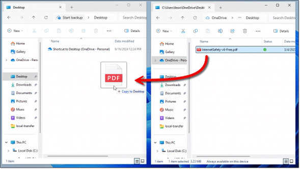 Moving a file from the OneDrive desktop folder to the regular Desktop folder.