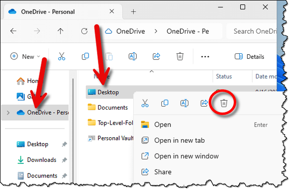 Deleting the OneDrive Desktop folder.