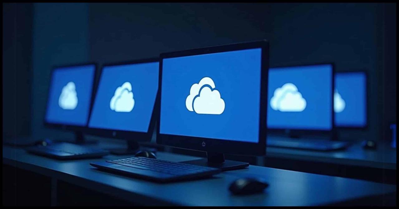 A desktop with multiple computers on it each displaying the OneDrive logo on the screen.