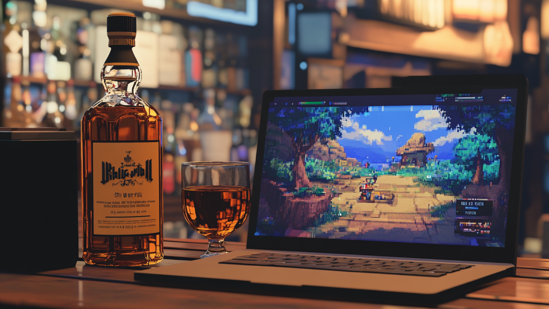 Pixel art of a macbook standing next to a bottle of whiskey on a table. The mac has a video game on its screen.