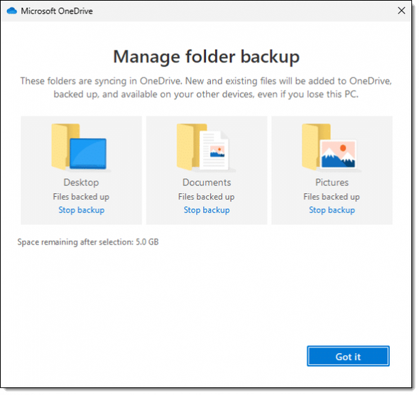 OneDrive Manage backup.