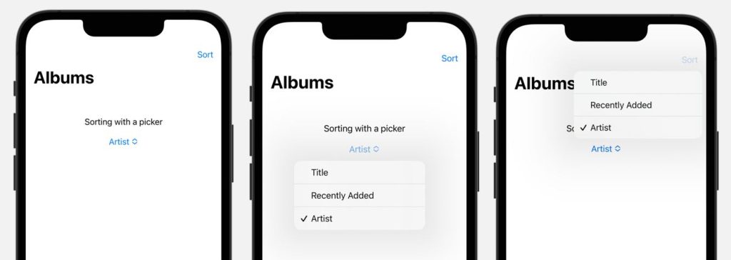 Picker with a menu style (middle) and inside a menu (right).
