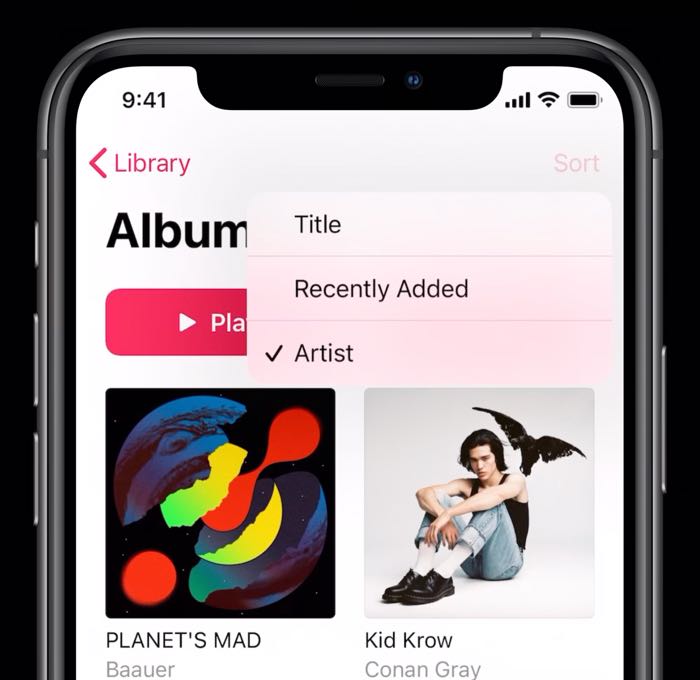 In the Podcast app you can use a menu picker to sort your music.