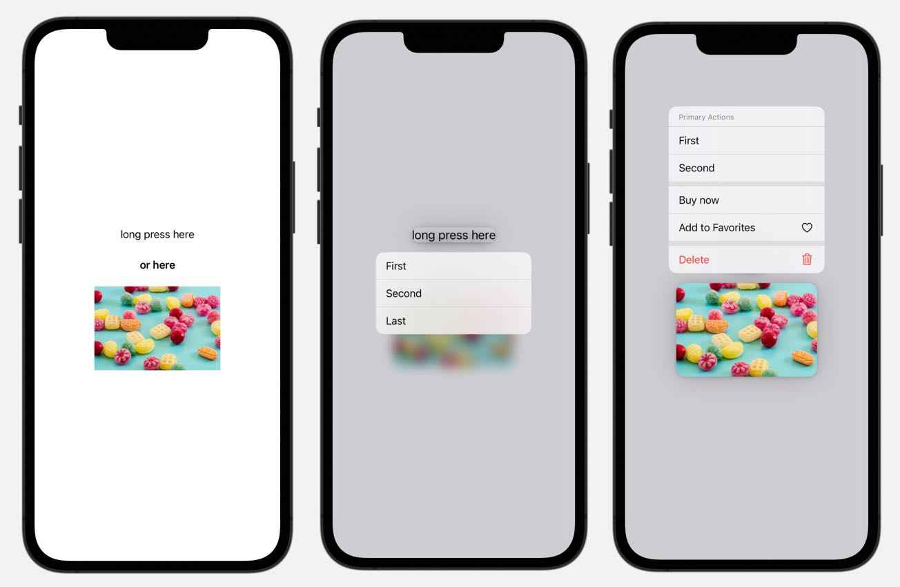 You can add a context menu to any view. For example, you can add it to a text or image view. The background for the whole screen is dimmed out.